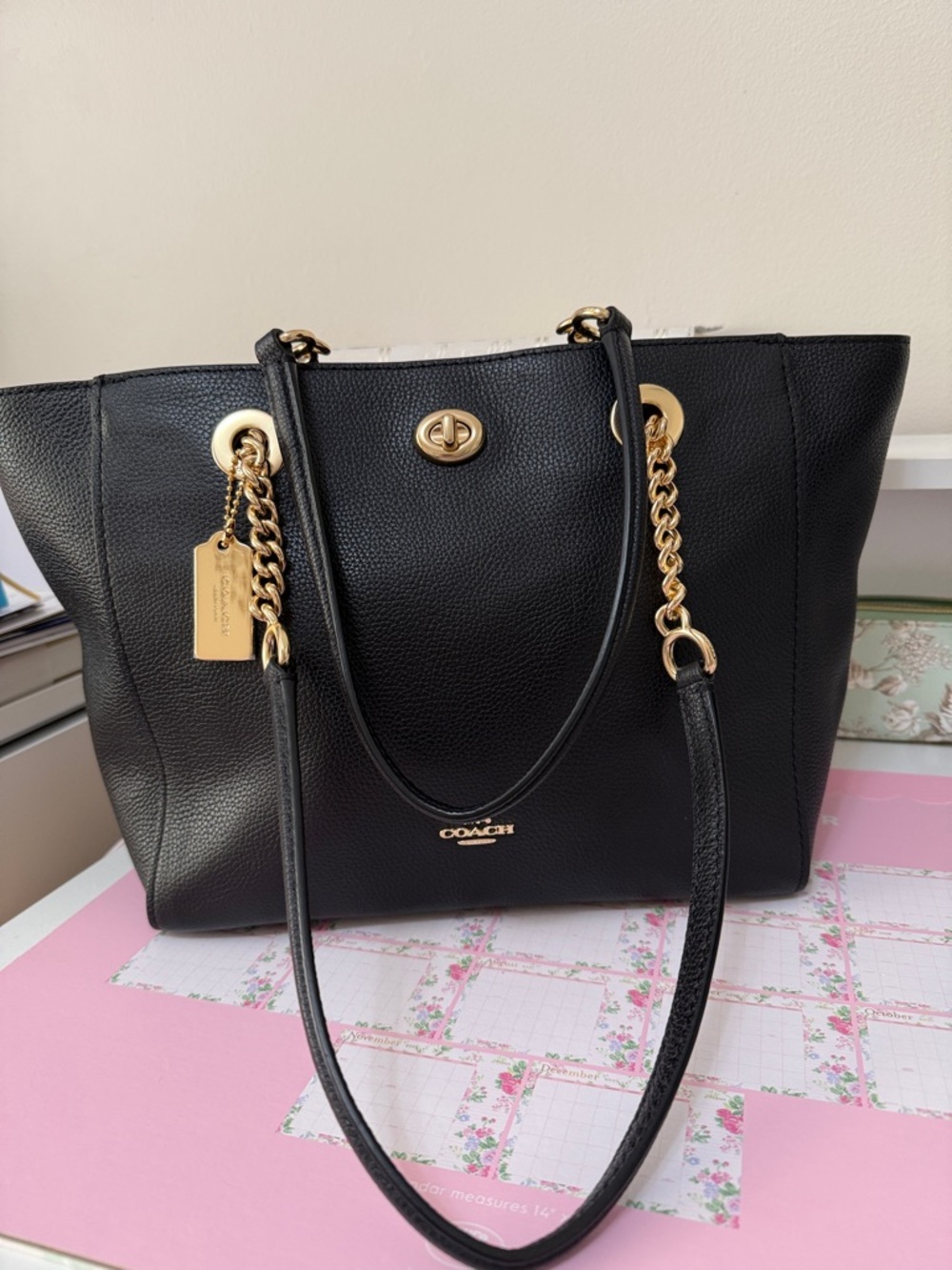 Coach Black Leather Tote with Gold Chain Handles
